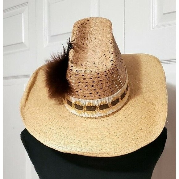 HUSH PUPPIES Mens Western Straw Cowboy Hat Band Wide Brim Feathers Sz 6 3/4 EUC - Picture 2 of 6